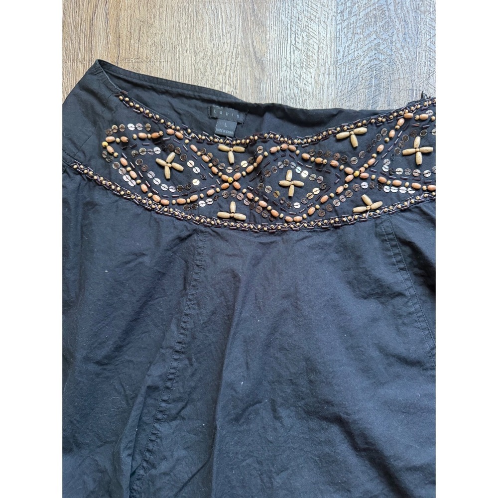 Lapis Black Cotton Beaded Sequin A-Line Skirt Boho Wood Bead Hem Size L 750 - Picture 4 of 9